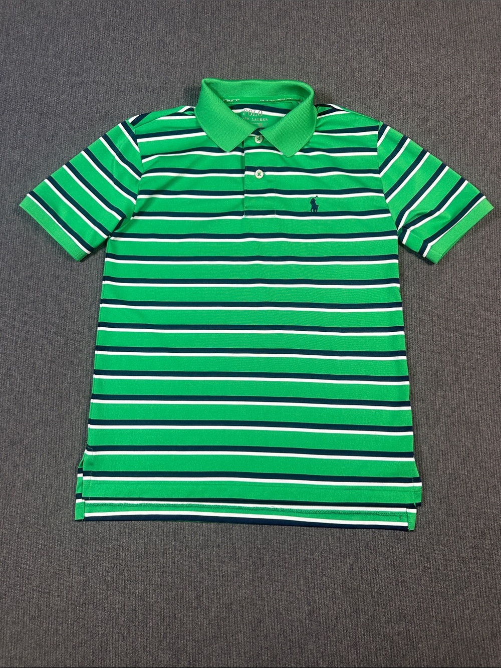 Polo Ralph Lauren Boys Performance Golf Striped Shirt Green Navy Size Small 8